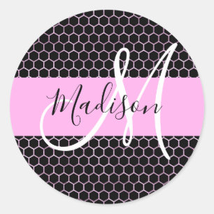 Sticker Rond Glam Black Metallic Rose Honeycomb Nom du monogram