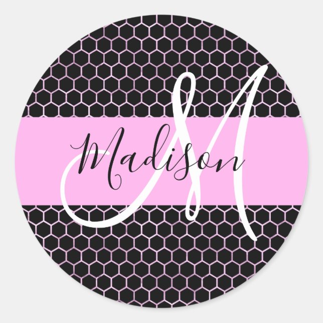 Sticker Rond Glam Black Metallic Rose Honeycomb Nom du monogram (Devant)