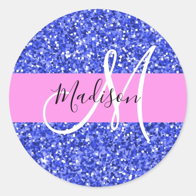 Sticker Rond Glam Bleu Foncé Rose Paillettes Nom Monogramme (Devant)