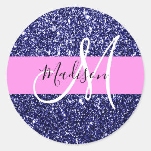 Sticker Rond Glam Bleu Nuit Rose Paillettes Paillettes Nom Mono