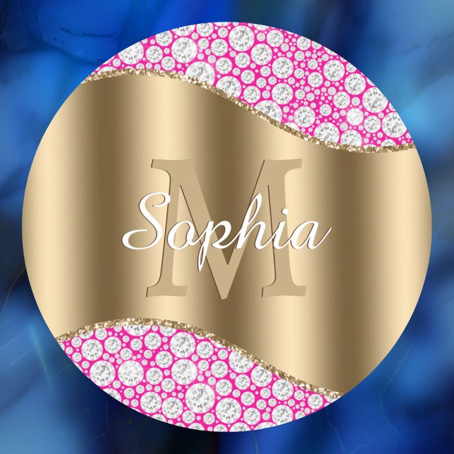 Sticker Rond Glam Diamonds Fuchsia, Monogramme Or, Nom du scrip (Créateur téléchargé)