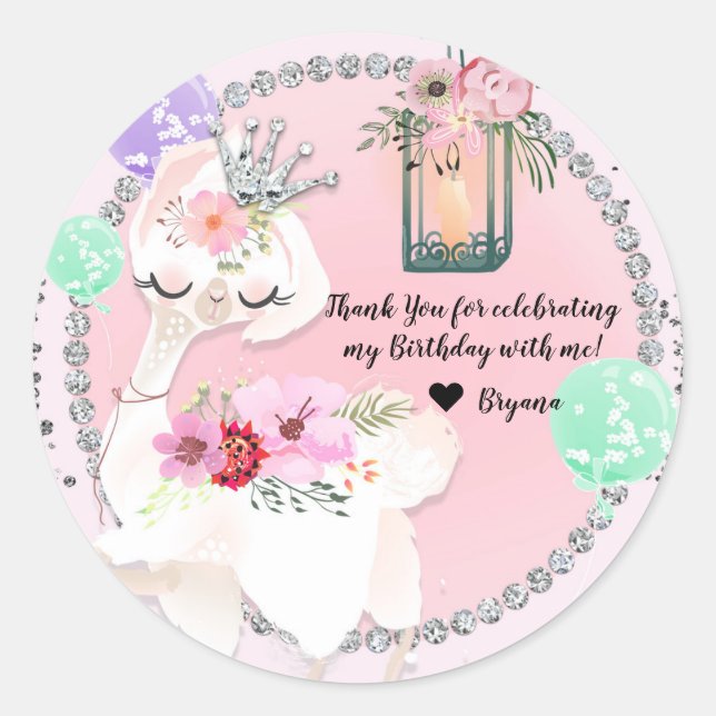 Sticker Rond Glam Diva Llama Princess Whimsical Birthday Party (Devant)