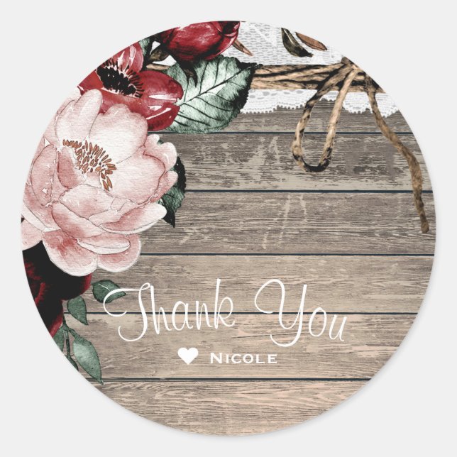 Sticker Rond Glam Floral Rustic Wood & Lace Barn Mariage (Devant)