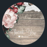 Sticker Rond Glam Floral Rustic Wood & Lace Barn Mariage<br><div class="desc">Customisez avec le texte que vous voulez.</div>