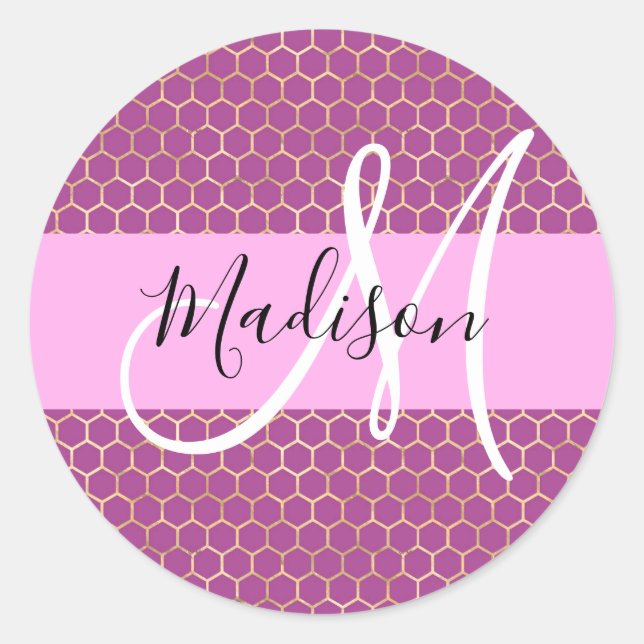 Sticker Rond Glam Fuchsia Métallic Rose Nid d'abeille Monogramm (Devant)