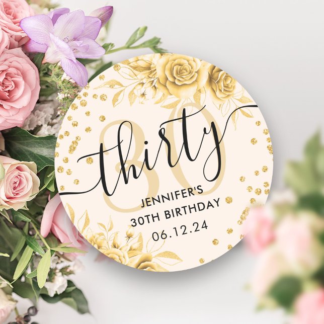 Sticker Rond Glam Gold Floral Parties scintillant 30e Anniversa (Glam Gold Floral Glitter 30th Birthday Script Classic Round Sticker)