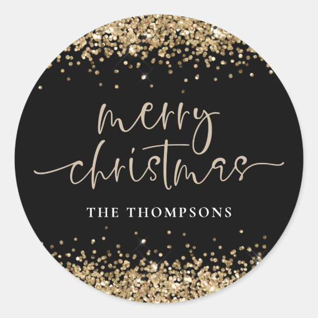 Sticker Rond Glam Gold Glitter Nom Joyeux Noël Noir (Devant)