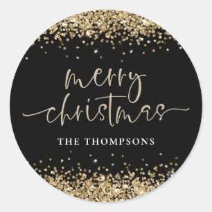 Sticker Rond Glam Gold Glitter Nom Joyeux Noël Noir