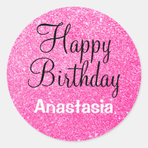 Sticker Rond Glam Happy Birthday Hot Pink Parties scintillant N