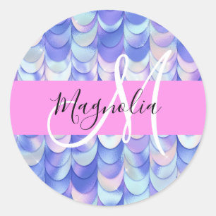 Sticker Rond Glam Iridescent Écailles de Sirène Monogramme Nom