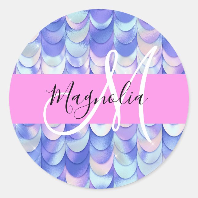 Sticker Rond Glam Iridescente Blue Mermaid Scales Nom Monogramm (Devant)