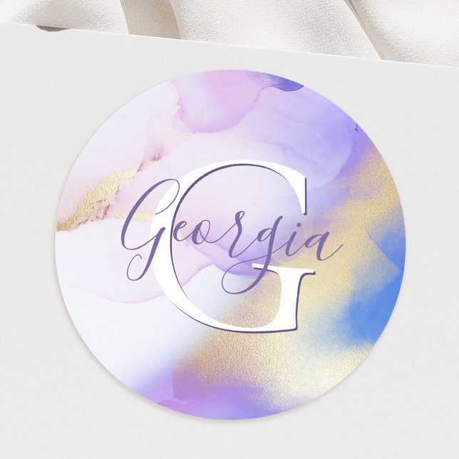 Sticker Rond Glam Lilac Gold Abstrait Peinture Élégant Monogram (Créateur téléchargé)