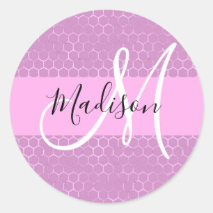 Sticker Rond Glam Lilas Métallisé Rose Nid d'Abeille Monogramme