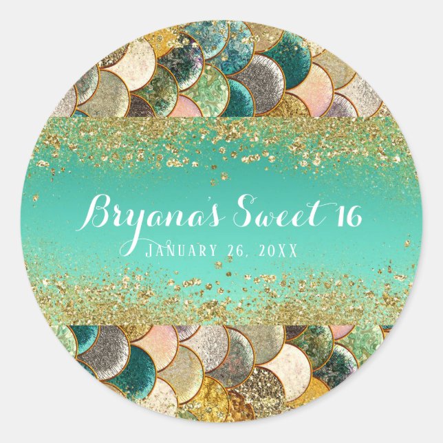 Sticker Rond Glam Mermaid Gold Turquoise échelles Anniversaire  (Devant)