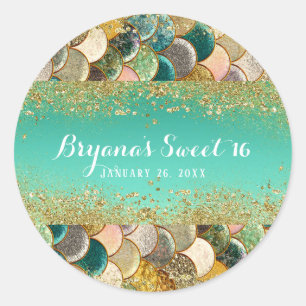 Sticker Rond Glam Mermaid Gold Turquoise échelles Anniversaire 