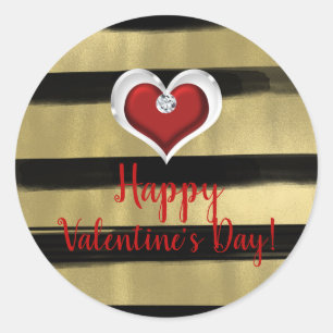 Sticker Rond Glam moderne Black & Gold Red Heart Bling Valentin
