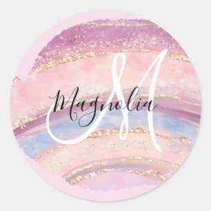 Sticker Rond Glam Or Rose Bleu Monogramme Coup de Pinceau en Pi