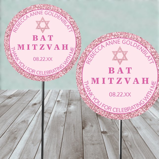 Sticker Rond Glam Pink Merci Chic Parti Bat mitzvah (Easy to personalize pink glam Bat Mitzvah thank you stickers on parade)