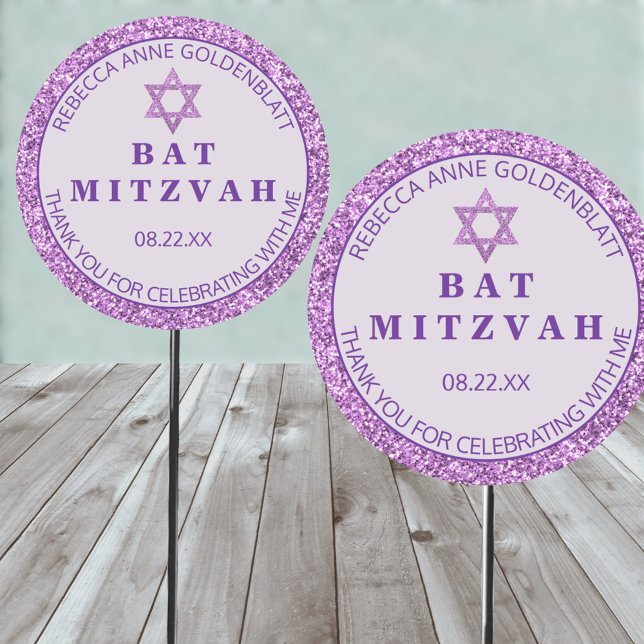 Sticker Rond Glam Purple Merci Chic Parti Bat mitzvah (These purple faux glitter Bat Mitzvah round stickers are easy to personalize)