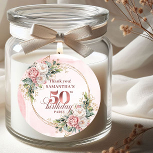 Sticker Rond Glam Rose Gold Blush Floral 50e Fête d'anniversair