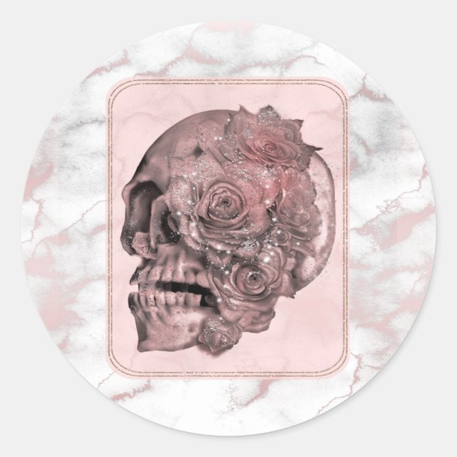Sticker Rond Glam Rose Gold Crâne Marbre Rose Fête (Devant)