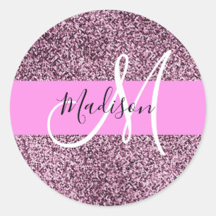 Sticker Rond Glam Rose & Violet Paillettes Monogramme Nom