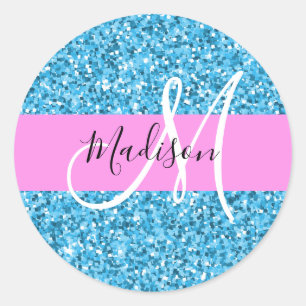 Sticker Rond Glam Sky Blue Parties scintillant rose étincelles 