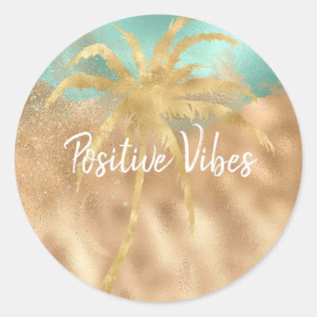 Sticker Rond Glam Tropical Gold Aqua Glitz Palm Tree (Devant)