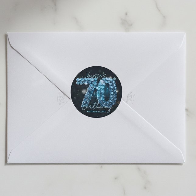 Sticker Rond Glamorous Elegant Teal Blue Diamonds 70th Birthday (Créateur téléchargé)