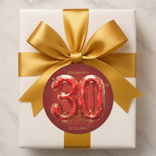 Sticker Rond Glamorous Ruby and Gold Gemstone 30th Birthday (Créateur téléchargé)