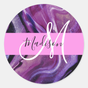 Sticker Rond Glamour Abstrait Texture de Reflet Violet Monogram