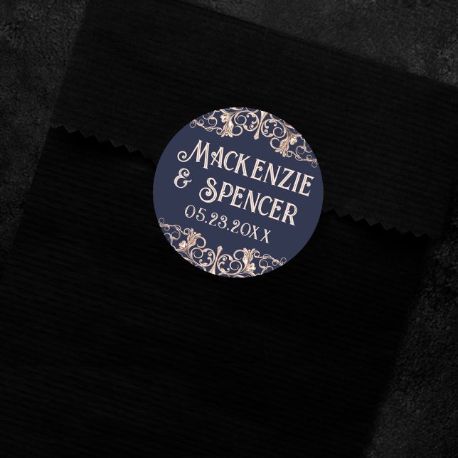 Sticker Rond Glamour Art déco | Mariage or Rose bleu marine (Créateur téléchargé)