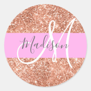 Sticker Rond Glamour Féminin Rose Pêche Or Paillettes Monogramm