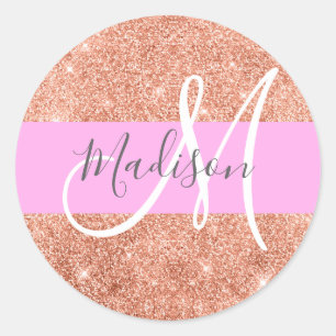 Sticker Rond Glamour Féminin Rose Pêche Or Paillettes Monogramm