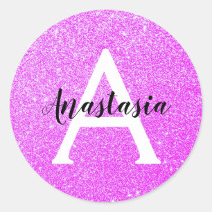 Sticker Rond Glamour Féminin Violet Paillettes Monogramme Nom