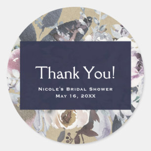 Sticker Rond Glamour Floral Rustique Kraft Navy Favor Mariage