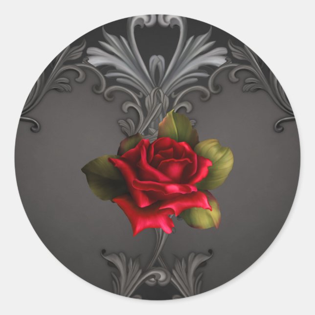 Sticker Rond Glamour gothique Rose rouge Noir Ornemental Glam (Devant)