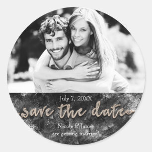 Sticker Rond Glamour Noir & Or Chic Enregistrer La Date Photo
