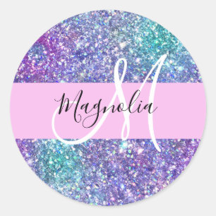 Sticker Rond Glamour Violet, Bleu & Vert Paillettes Étincelles 