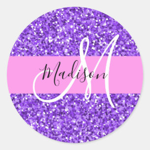 Sticker Rond Glamour Violet & Rose Paillettes Étincelle Monogra