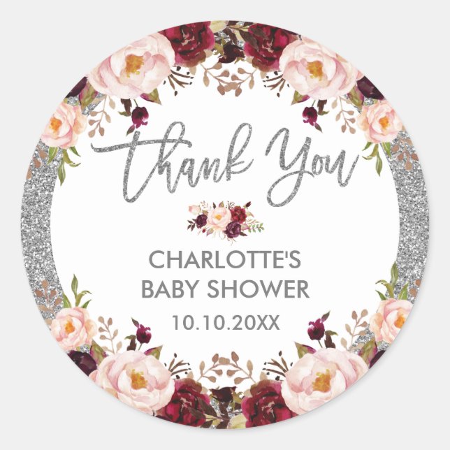 Sticker Rond Glitter Argent Glam Bourguignon Blush Floral Douch (Devant)