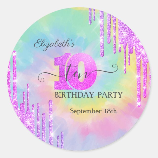 Sticker Rond Glitter Cool Drips Tie Dye 10e Anniversaire   (Devant)