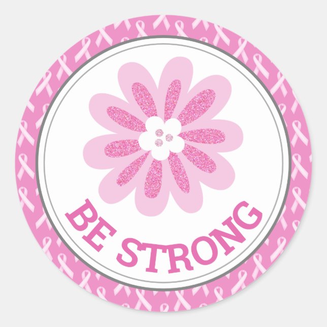 Sticker Rond Glitter Pink Flower Breast Cancer Awareness Design (Devant)
