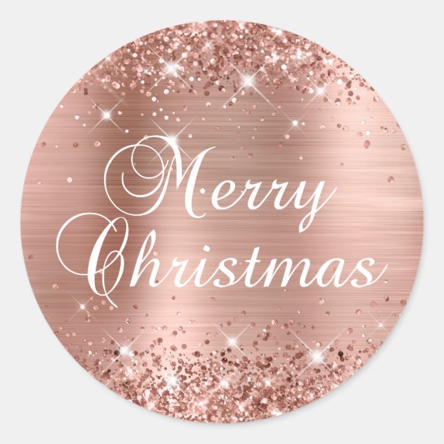 Sticker Rond Glitter Rose Gold Foil Joyeux Noël (Devant)