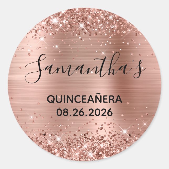 Sticker Rond Glitterature Rose Gold Foil Quinceañera Party (Devant)