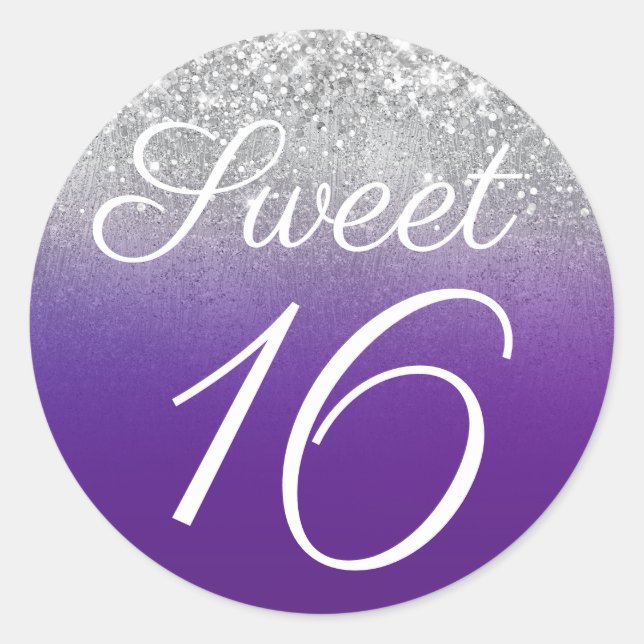 Sticker Rond Glitterie Argent et Royal Purple Ombre Sweet 16 (Devant)