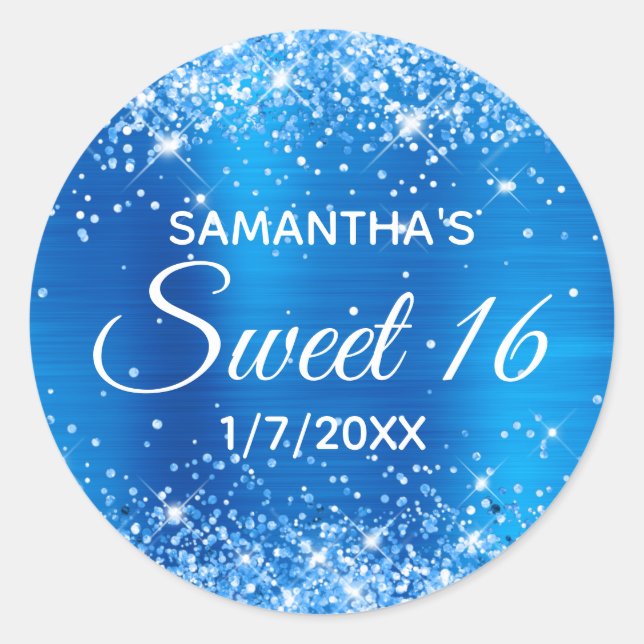 Sticker Rond Glitterie Bleu brillant Foil Sweet 16 (Devant)
