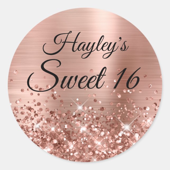 Sticker Rond Glitterie Rose Gold Faux Foil Sweet 16 (Devant)