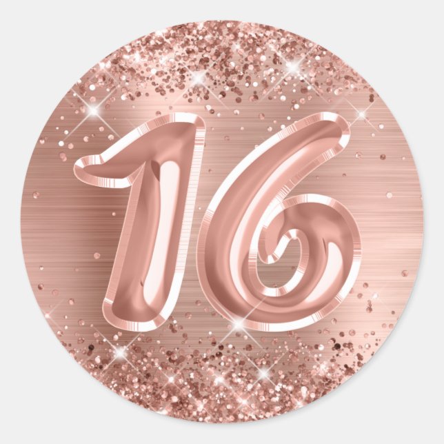 Sticker Rond Glitterie Rose Gold Foil Numéro 16 Anniversaire (Devant)