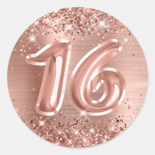 Sticker Rond Glitterie Rose Gold Foil Numéro 16 Anniversaire